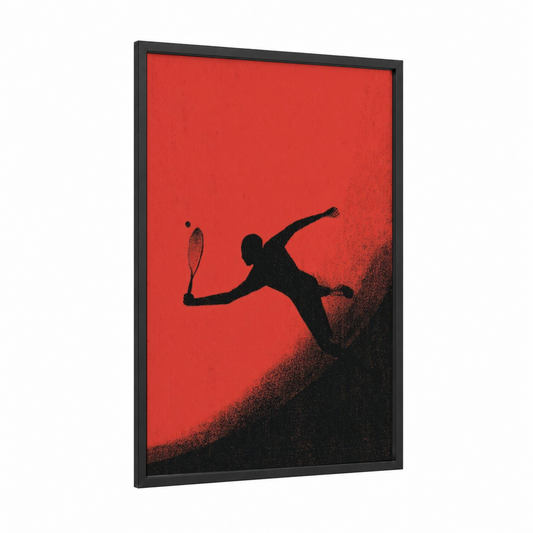 Dynamic Badminton framed art print — black wood frame — red and black palette