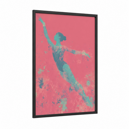 Ethereal Gymnast framed gymnastics print — black wood frame — pink and teal palette