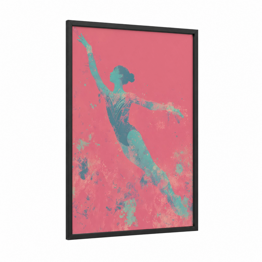 Ethereal Gymnast framed gymnastics print — black wood frame — pink and teal palette