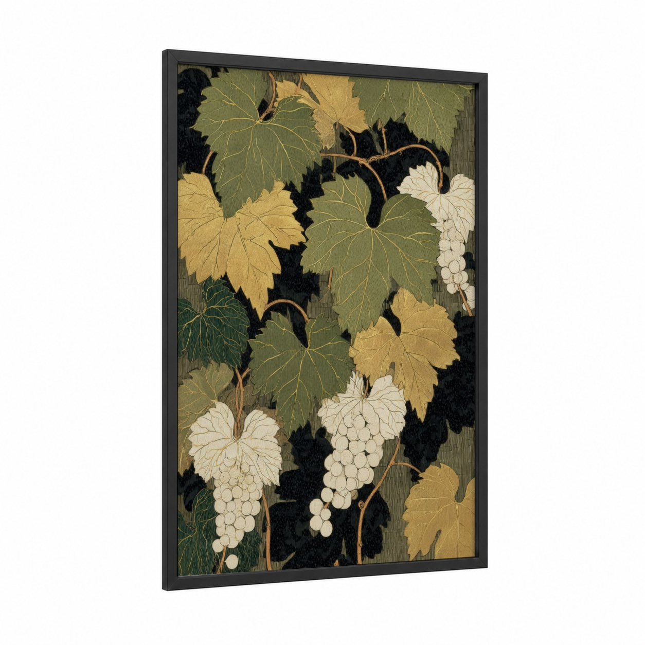 Vineyard Harvest framed vineyards print — black wood frame — gold and dark green palette