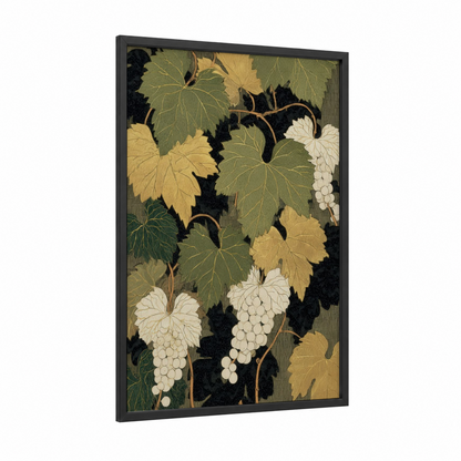 Vineyard Harvest framed vineyards print — black wood frame — gold and dark green palette