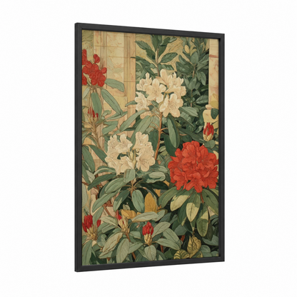 Crimson Rhododendron Garden framed orchid print — black wood frame — red and dark green palette
