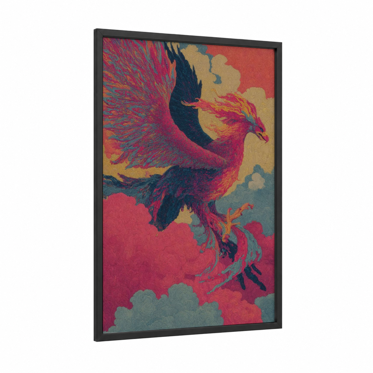 Crimson Phoenix Griffin framed art print — black wood frame — magenta and gold palette