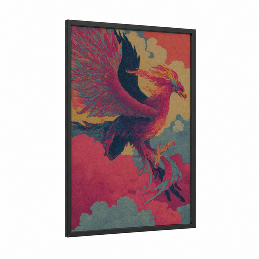 Crimson Phoenix Griffin framed art print — black wood frame — magenta and gold palette