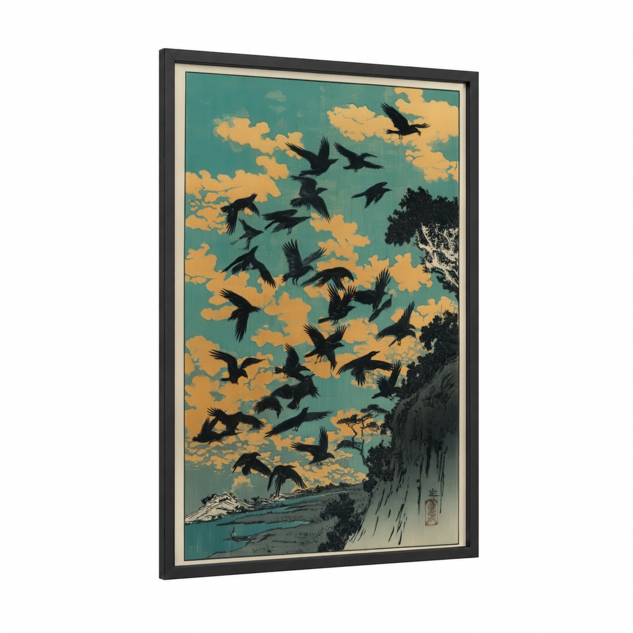 Golden Sky Flock framed crows and ravens print — black wood frame — teal and gold palette