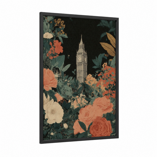Big Ben Floral framed art print — black wood frame — salmon pink and dark green palette