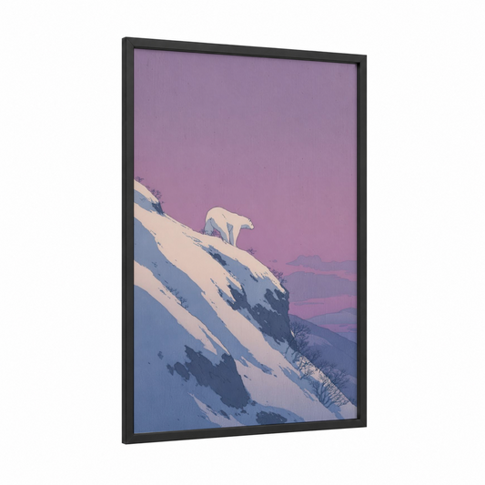 Alpine Polar Bear framed art print — black wood frame — lavender and blue palette
