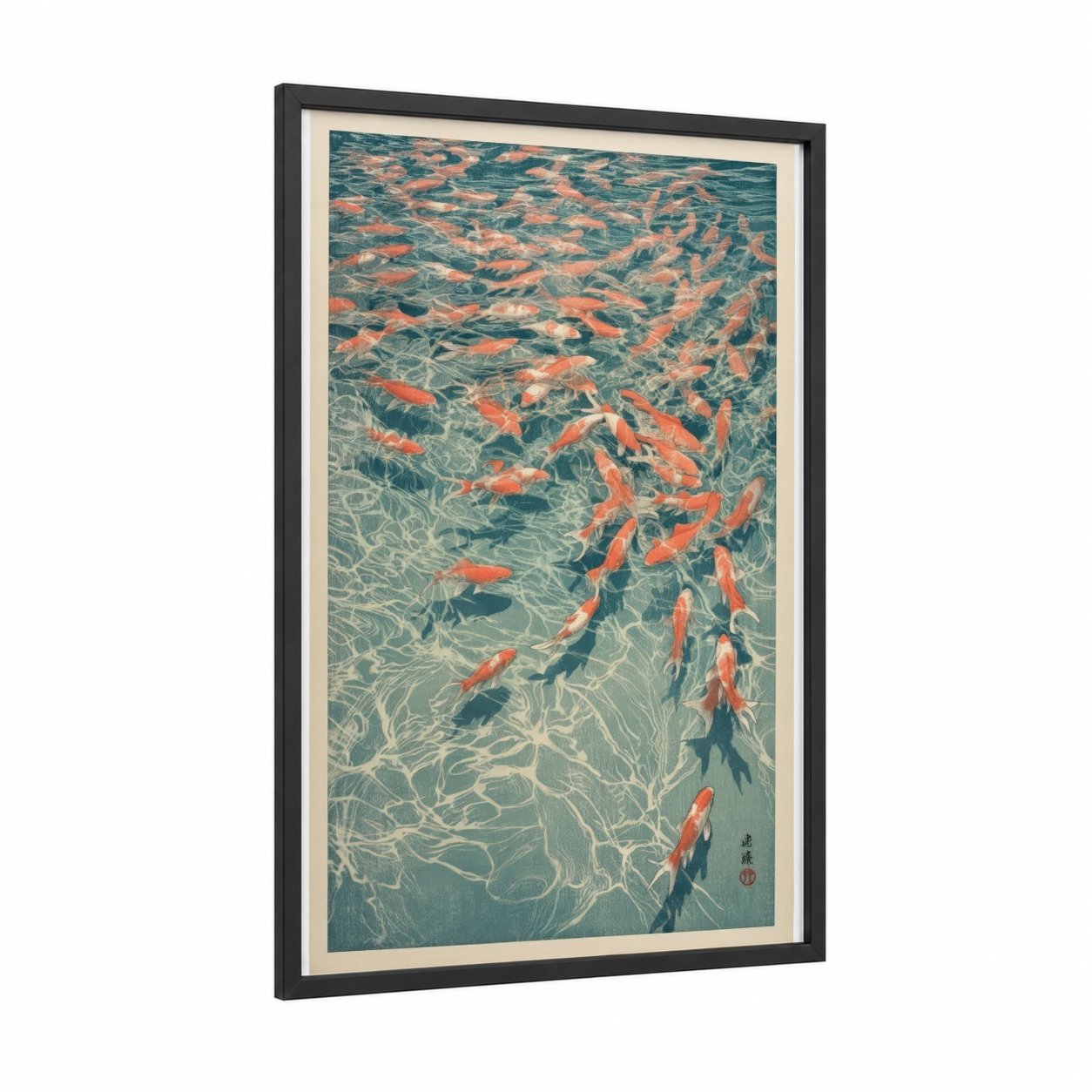 Shimmering Goldfish School framed art print — black wood frame — teal and peach palette
