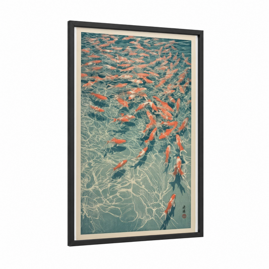 Shimmering Goldfish School framed art print — black wood frame — teal and peach palette