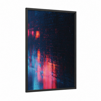 Neon Masonry framed art print — black wood frame — black and blue and magenta palette