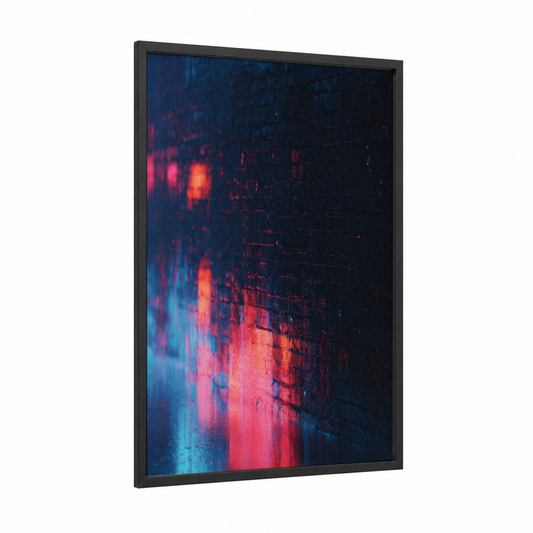 Neon Masonry framed art print — black wood frame — black and blue and magenta palette