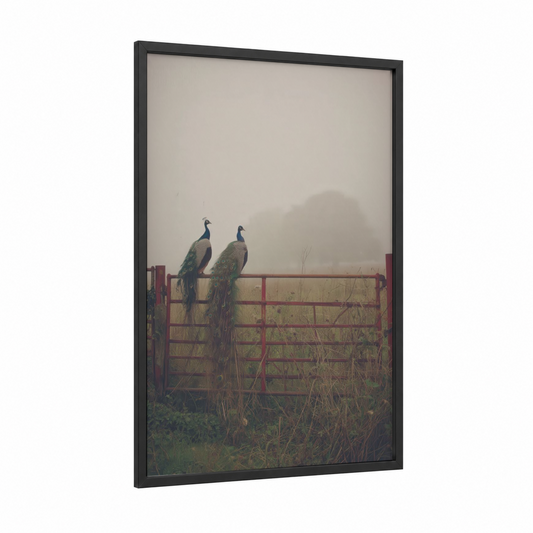 Misty Peacock Pair framed art print — black wood frame — gray and sage green palette