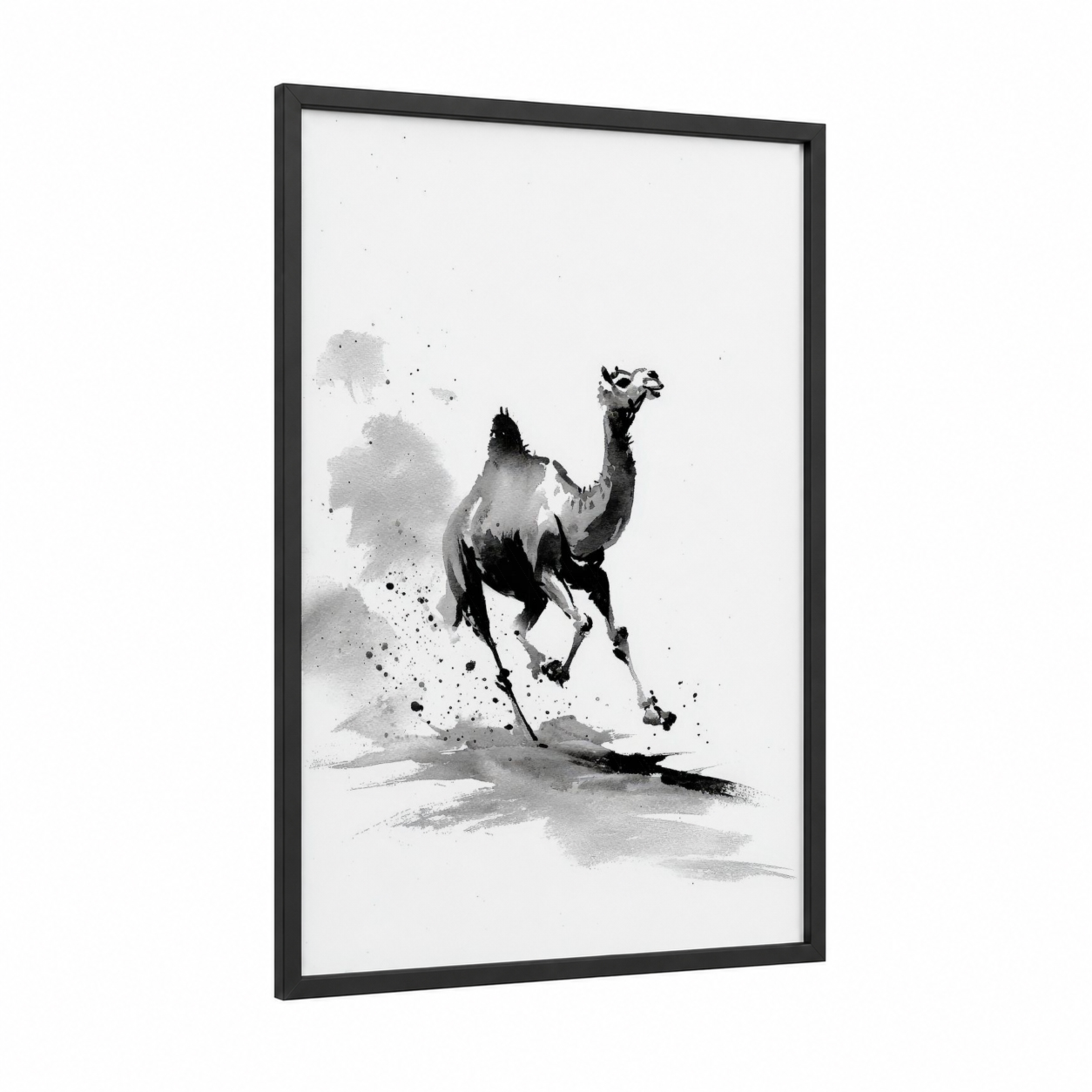 Desert Camel framed art print — black wood frame — black and white and gray palette