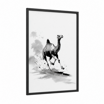 Desert Camel framed art print — black wood frame — black and white and gray palette