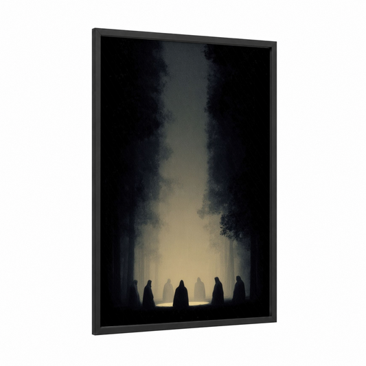 Mystical Gathering framed wiccan print — black wood frame — black and white and gold palette