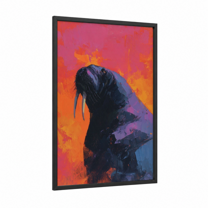 Fiery Walrus framed art print — black wood frame — red and orange palette