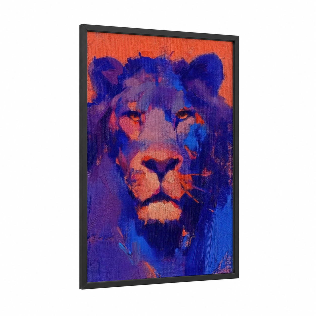 Neon Lion framed art print — black wood frame — blue and orange palette