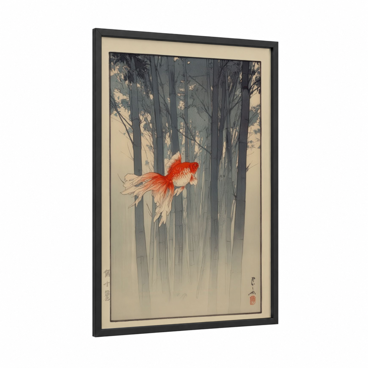 Crimson Goldfish framed art print — black wood frame — red and gray palette
