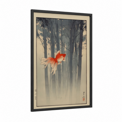 Crimson Goldfish framed art print — black wood frame — red and gray palette