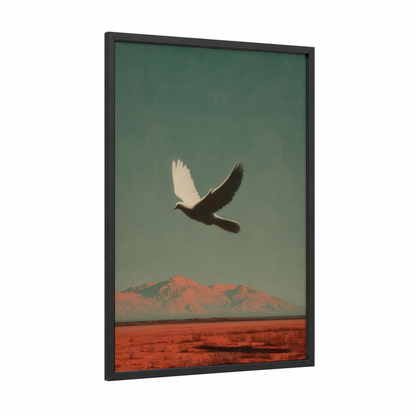 Desert Dove Flight framed art print — black wood frame — sage green and russet palette