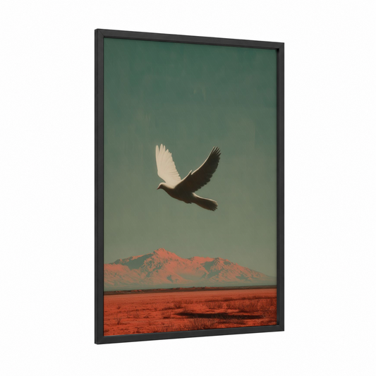 Desert Dove Flight framed art print — black wood frame — sage green and russet palette