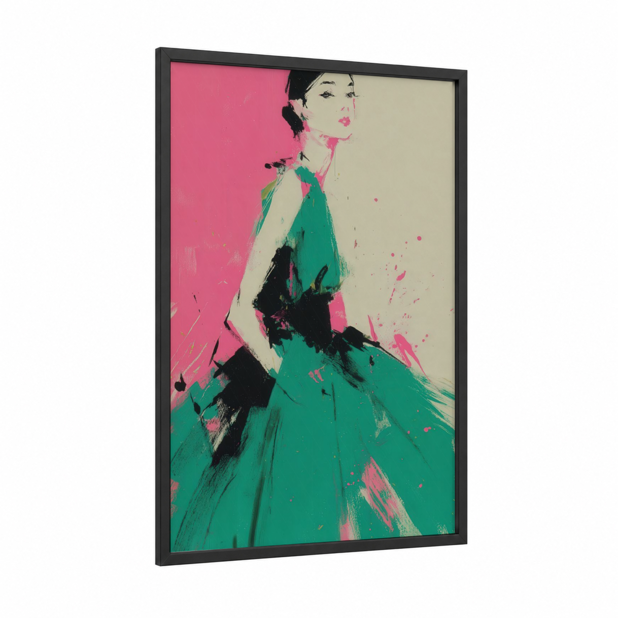Emerald Evening Elegance framed fashion illustration print — black wood frame — pink and teal palette