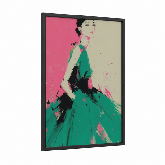 Emerald Evening Elegance framed fashion illustration print — black wood frame — pink and teal palette