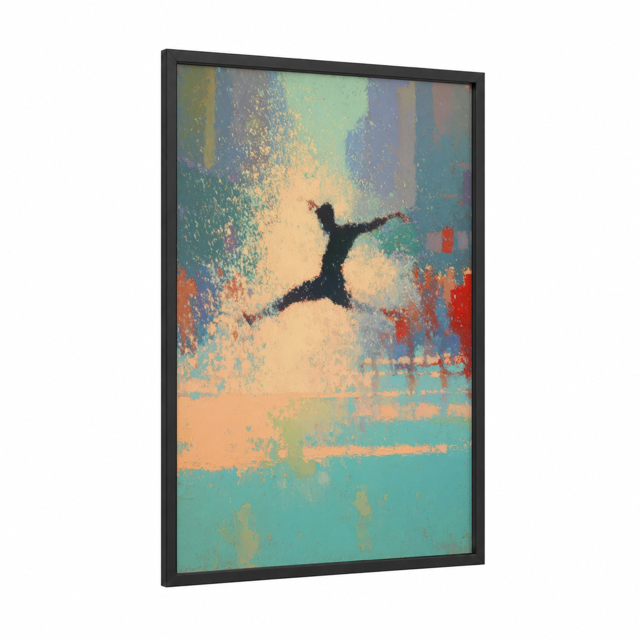 Dynamic Leap framed street dance print — black wood frame — teal and peach palette
