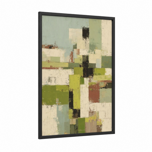 Vineyard Patchwork framed vineyards print — black wood frame — sage green and cream palette