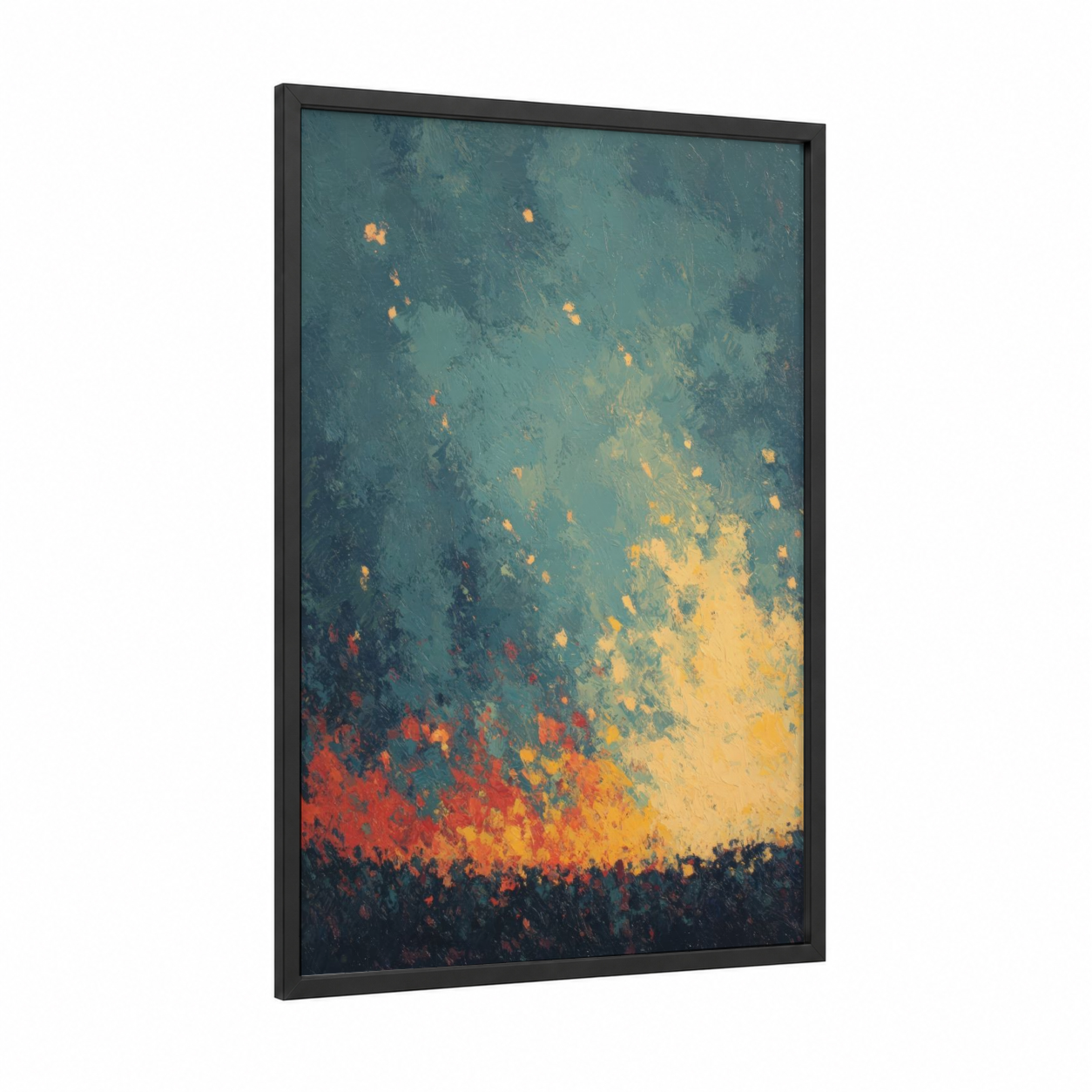 Fiery Soccer Clash framed art print — black wood frame — gold and teal palette