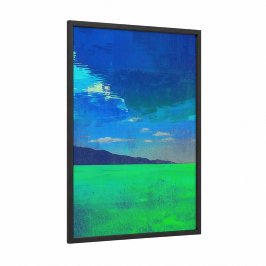 Ethereal Horizon framed abstract classic print — black wood frame — blue and lime green palette