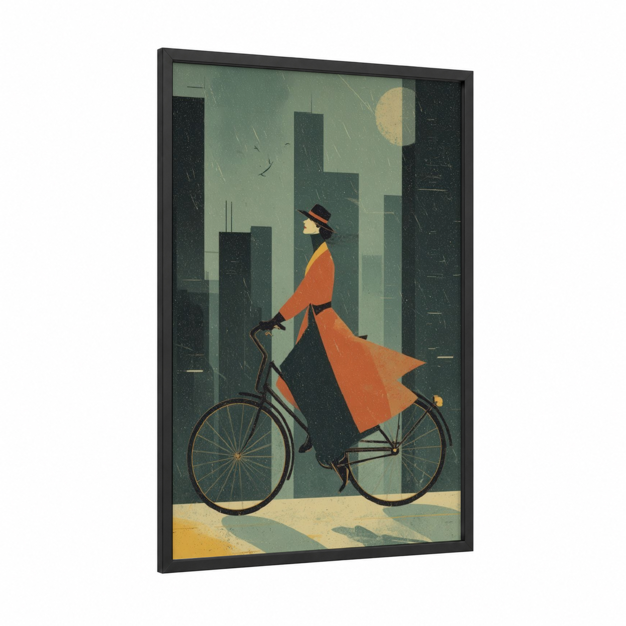 Urban Cyclist framed urban bicycle print — black wood frame — teal and orange palette