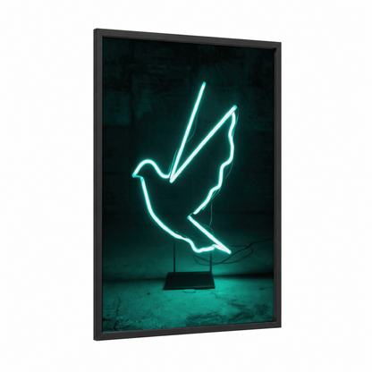Neon Dove Peace framed art print — black wood frame — teal and black palette