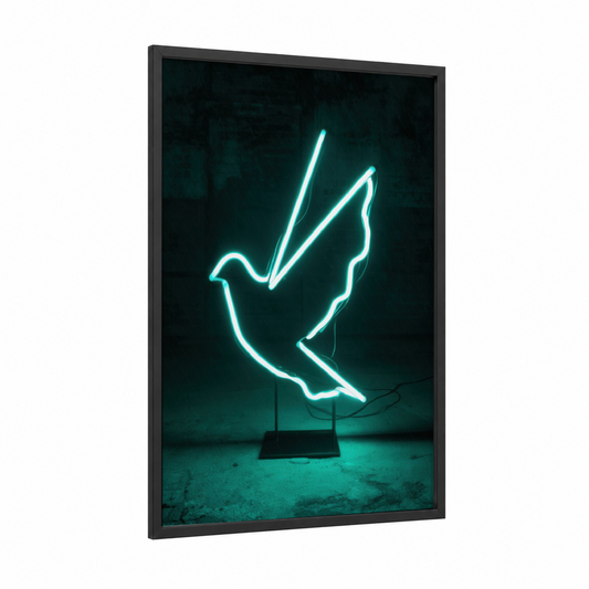 Neon Dove Peace framed art print — black wood frame — teal and black palette
