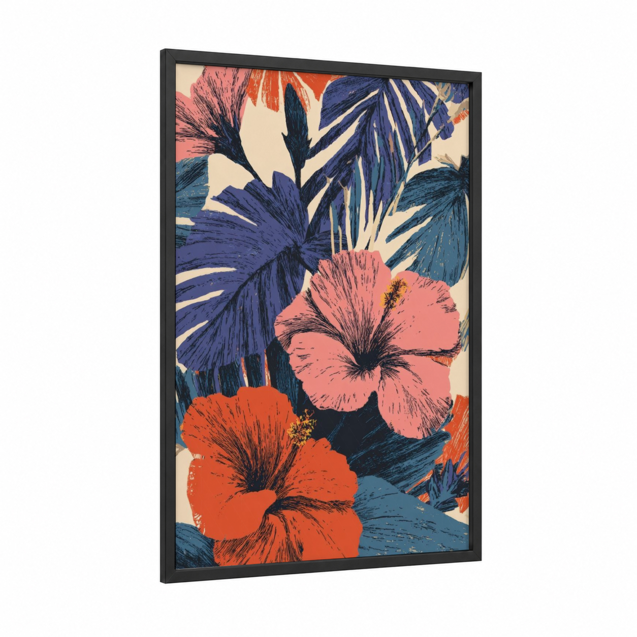 Tropical Hibiscus Blooms framed summer print — black wood frame — salmon pink and dark blue palette