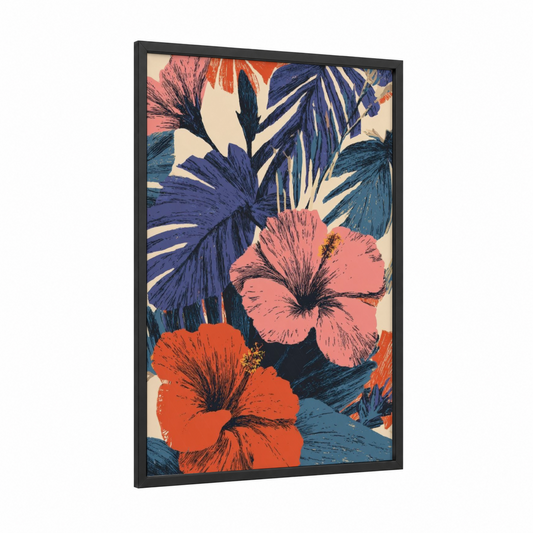 Tropical Hibiscus Blooms framed summer print — black wood frame — salmon pink and dark blue palette