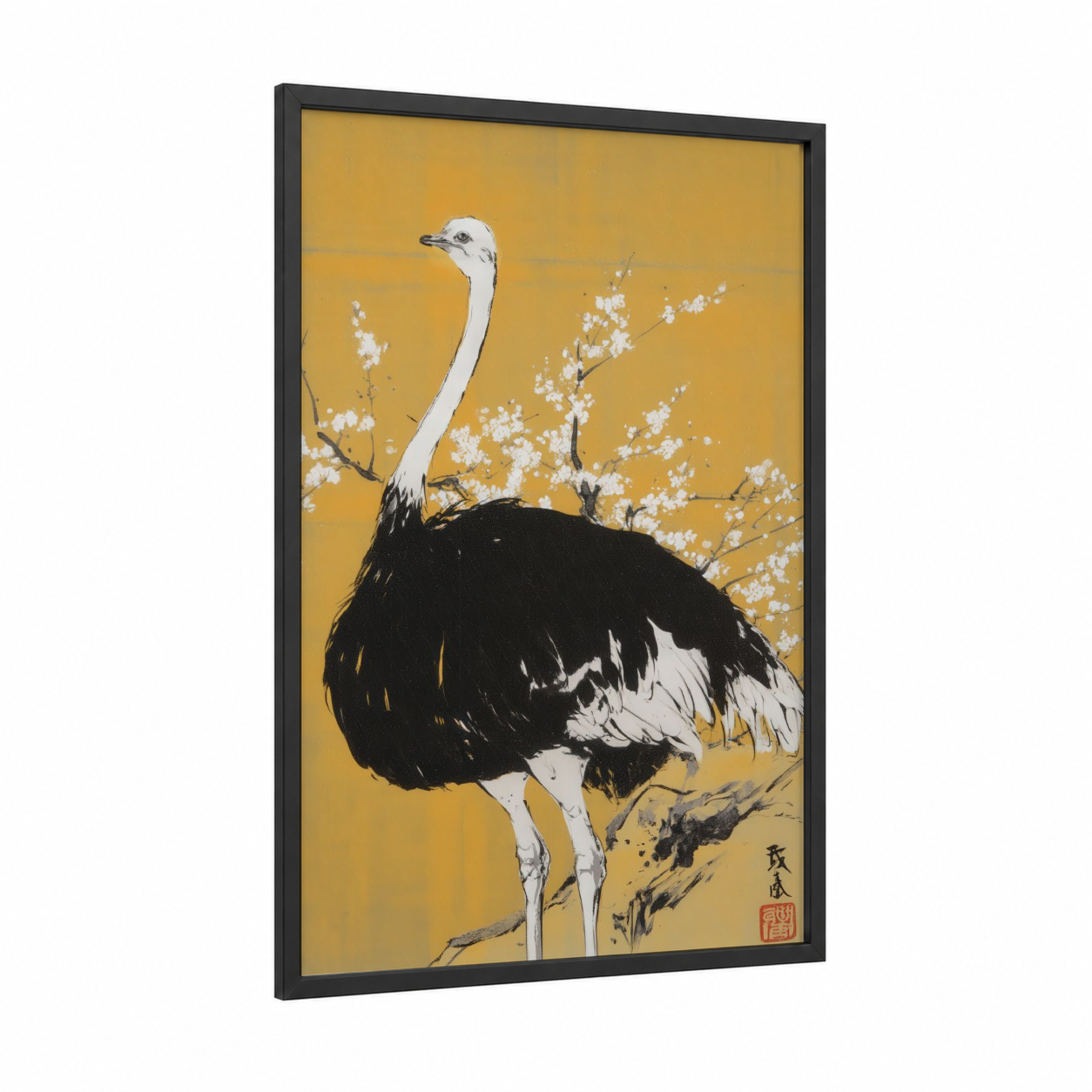 Golden Ostrich framed art print — black wood frame — gold and black and white palette