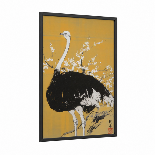 Golden Ostrich framed art print — black wood frame — gold and black and white palette