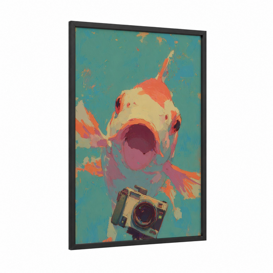 Colorful Koi Fish framed art print — black wood frame — teal and salmon pink palette