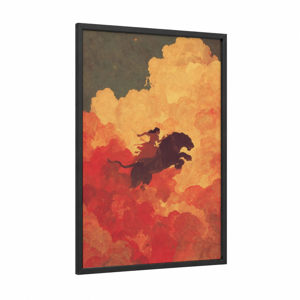 Fiery Warrior framed hindu holidays print — black wood frame — gold and red palette