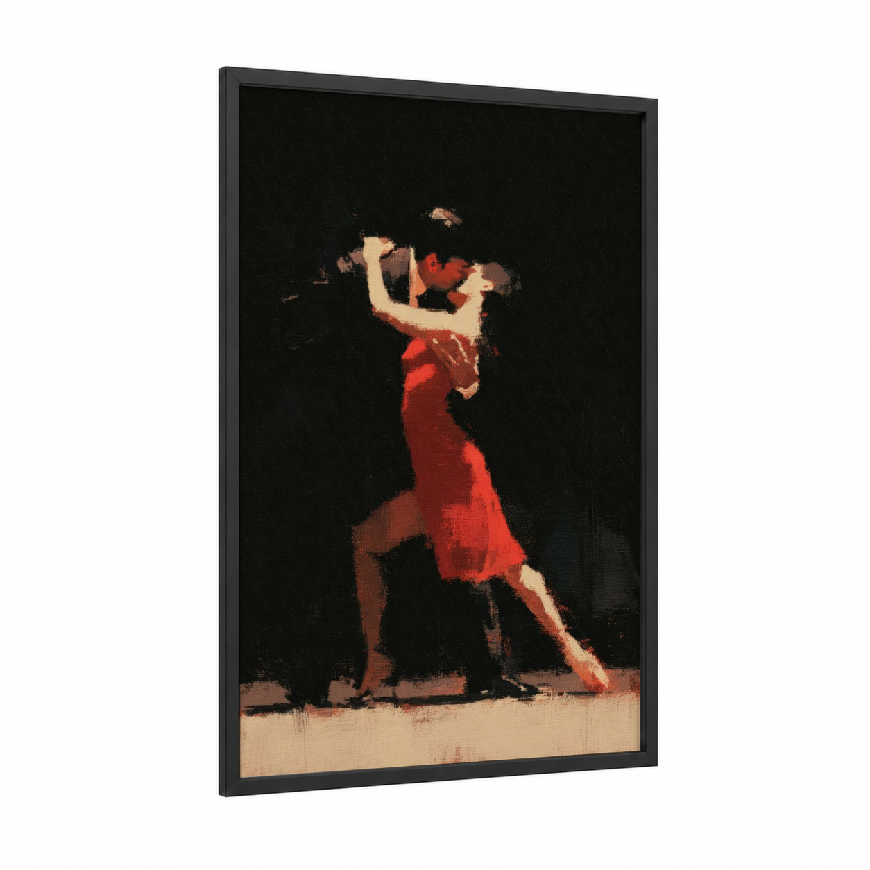 Crimson Tango Embrace framed ballroom dance print — black wood frame — red and black and white palette