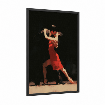 Crimson Tango Embrace framed ballroom dance print — black wood frame — red and black and white palette