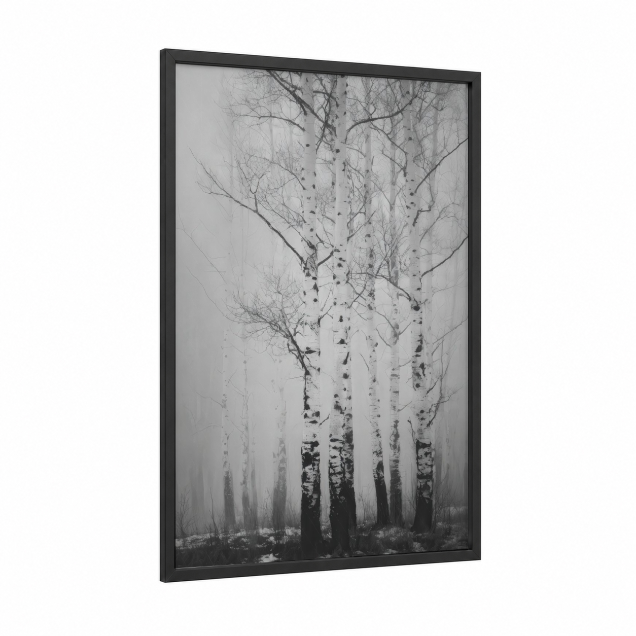 Misty Birch Forest framed birch tree print — black wood frame — black and white and gray palette