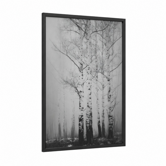 Misty Birch Forest framed birch tree print — black wood frame — black and white and gray palette