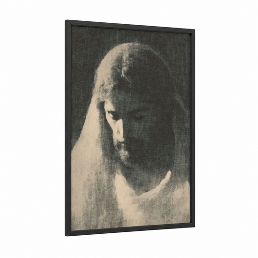 Contemplative Christ framed jesus christ print — black wood frame — cream and black and white palette