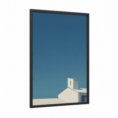 Coastal Morning Sky framed art print — black wood frame — blue and cream palette