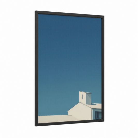 Coastal Morning Sky framed art print — black wood frame — blue and cream palette