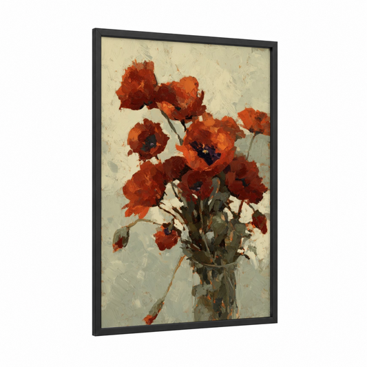 Crimson Poppies Bouquet framed art print — black wood frame — red and cream palette