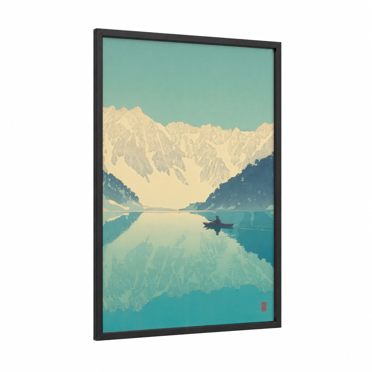 Alpine Lake Kayaking framed canoeing and kayaking print — black wood frame — turquoise and cream palette