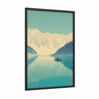 Alpine Lake Kayaking framed canoeing and kayaking print — black wood frame — turquoise and cream palette